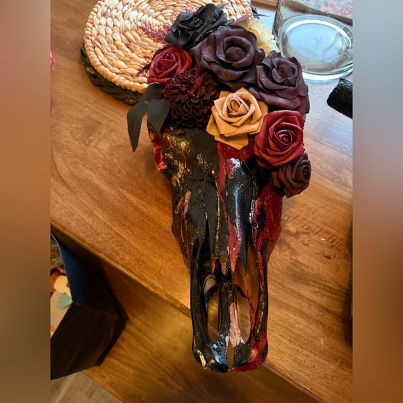 HANDMADE HAND PAINTED RED AND BLACK FLORAL COW SKULL